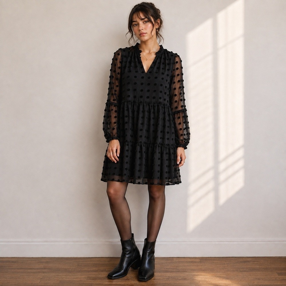 Halogen Black Sheer Swiss Dot Tiered Dress Size L Whimsigoth Boho Balloon Sleeve